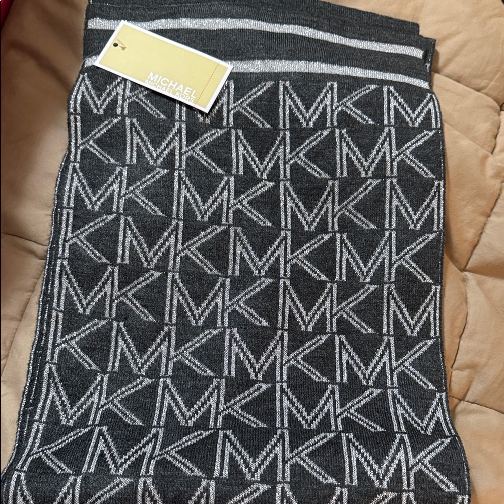Michael Kors Charcoal and White MK Pattern Scarf
